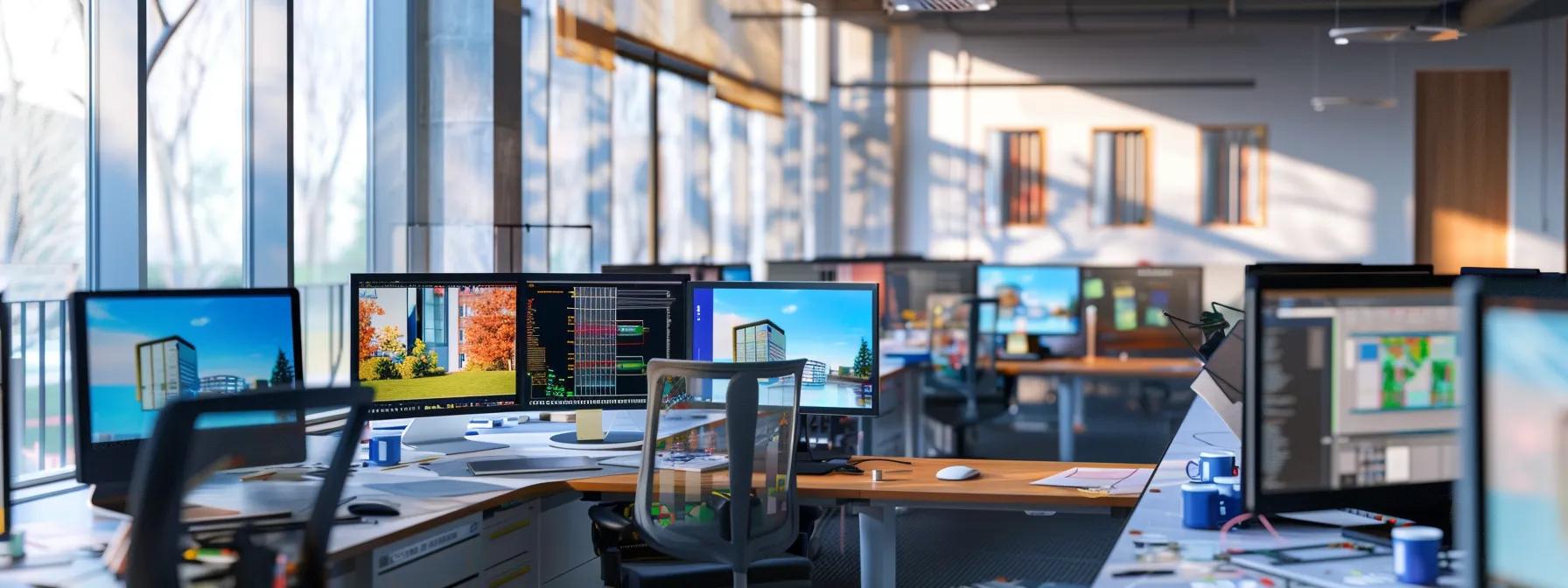 a modern architectural studio filled with sleek computers displays vibrant 3d models on their screens, illustrating the dynamic selection process of 3d modeling software amidst design blueprints and collaborative discussions among students.