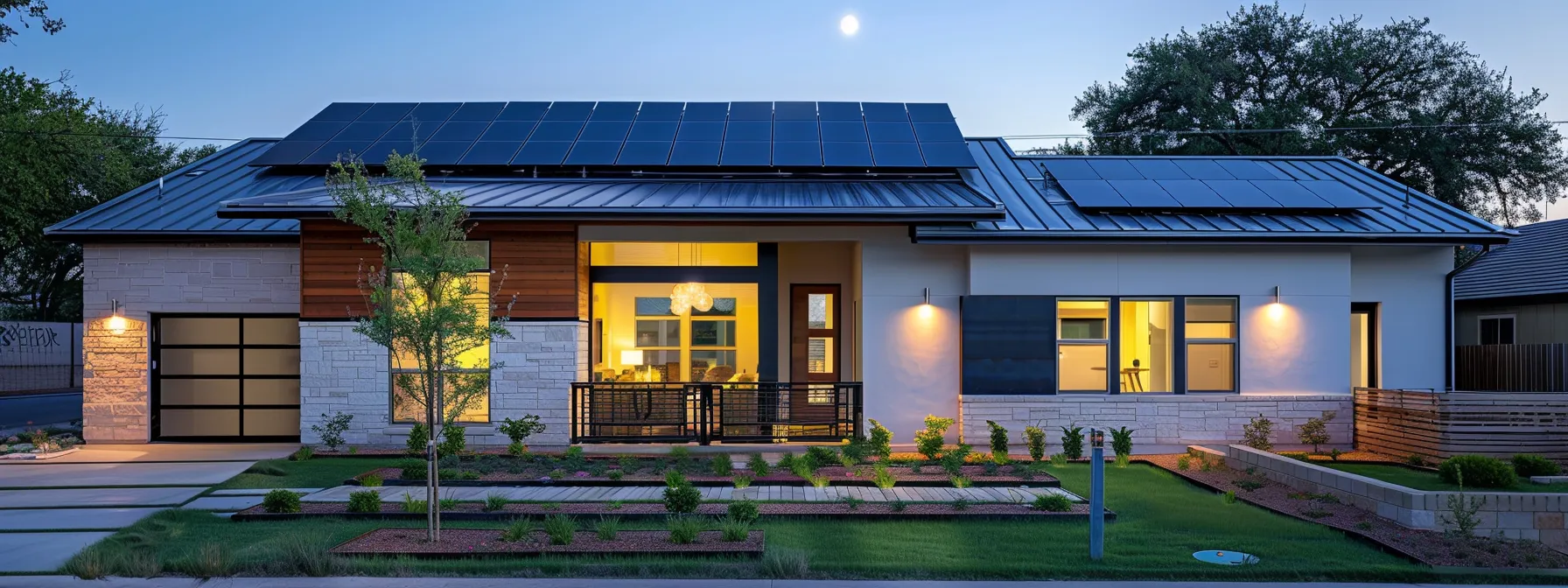 a modern austin home with sleek, energy star appliances, solar panels glistening in the sunlight, and bright led lighting illuminating the space. a modern austin home with sleek, energy star appliances, solar panels glistening in the sunlight, and bright led lighting illuminating the space.