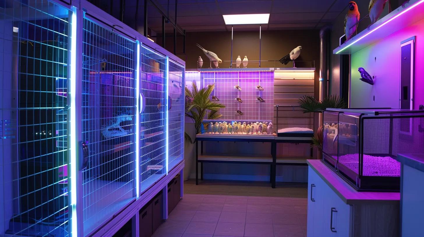 a modern avian care setting showcases three distinct types of bird cage lights—sleek led lights with a cool glow, vibrant uv lights casting colorful hues, and warm full-spectrum lights, all illuminating spacious and stylish bird cages. a modern avian care setting showcases three distinct types of bird cage lights—sleek led lights with a cool glow, vibrant uv lights casting colorful hues, and warm full-spectrum lights, all illuminating spacious and stylish bird cages.