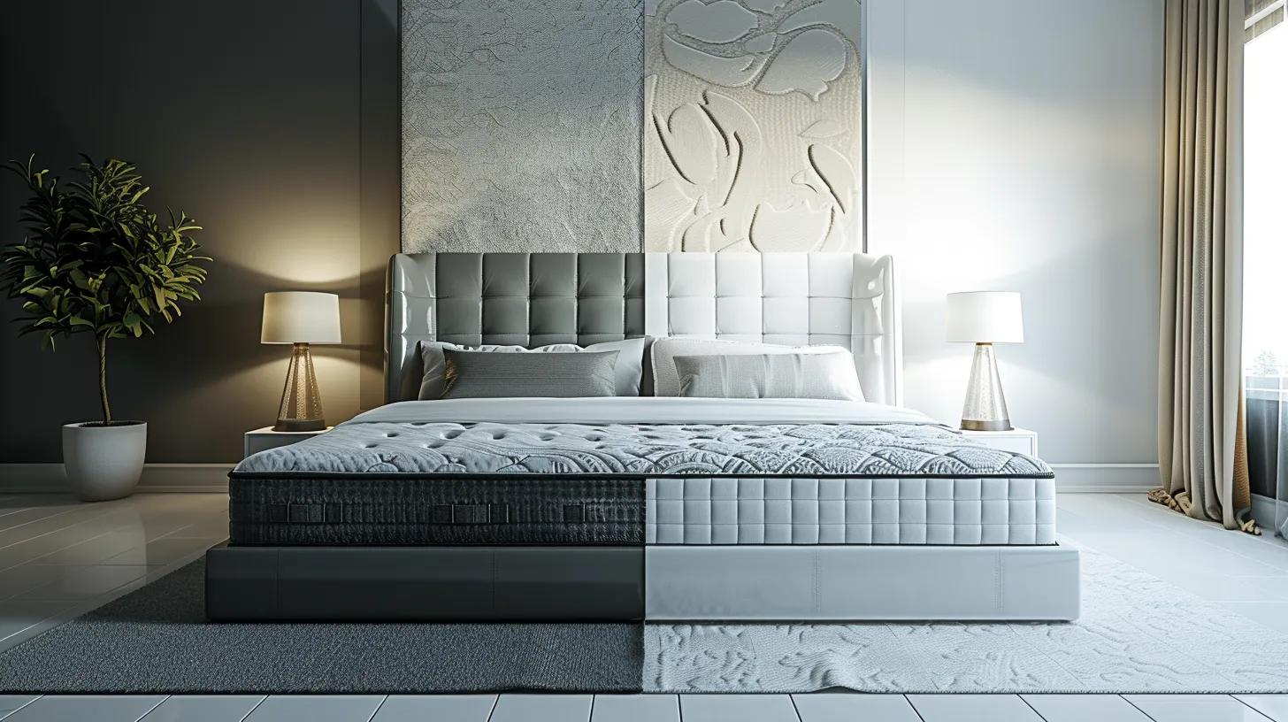 a modern bedroom displaying a contrasting split view of a luxurious new mattress on one side and a visibly worn, sagging mattress on the other, emphasizing the need for replacement over repair in a sleek, sophisticated interior setting. a modern bedroom displaying a contrasting split view of a luxurious new mattress on one side and a visibly worn, sagging mattress on the other, emphasizing the need for replacement over repair in a sleek, sophisticated interior setting.