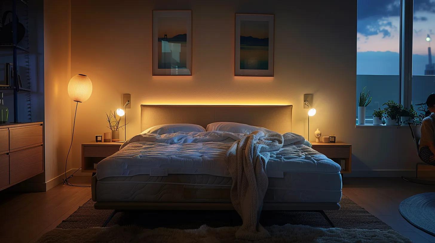 a modern bedroom featuring a luxurious mattress, illustrating a peaceful night's sleep with a couple undisturbed by motion, illuminated by soft, warm ambient lighting for a serene atmosphere. a modern bedroom featuring a luxurious mattress, illustrating a peaceful night's sleep with a couple undisturbed by motion, illuminated by soft, warm ambient lighting for a serene atmosphere.