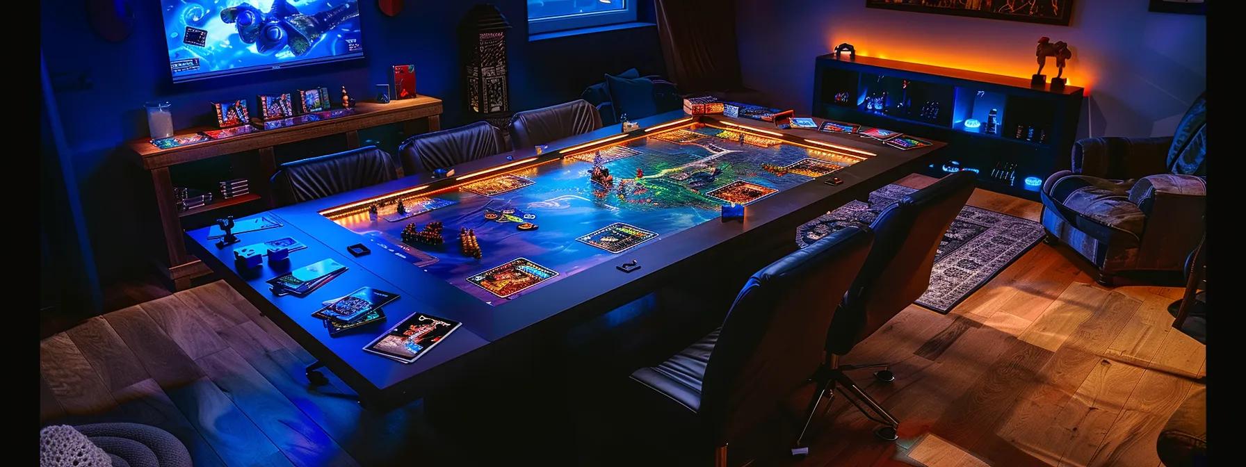 a modern board game enthusiast's setup showcases a stylish gaming table adorned with vibrant player aids and sleek standard sheets, illuminated by dramatic overhead lighting that highlights the intricate designs and dynamic colors of the game accessories. a modern board game enthusiast's setup showcases a stylish gaming table adorned with vibrant player aids and sleek standard sheets, illuminated by dramatic overhead lighting that highlights the intricate designs and dynamic colors of the game accessories.