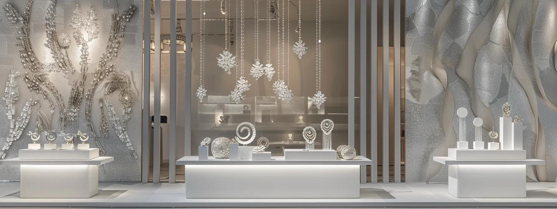 a modern bridal showroom displays a stunning collection of bold statement earrings, elegantly arranged against a sleek, minimalistic backdrop, highlighting intricate designs and an artistic mix of materials that embody the essence of contemporary bridal elegance. a modern bridal showroom displays a stunning collection of bold statement earrings, elegantly arranged against a sleek, minimalistic backdrop, highlighting intricate designs and an artistic mix of materials that embody the essence of contemporary bridal elegance.
