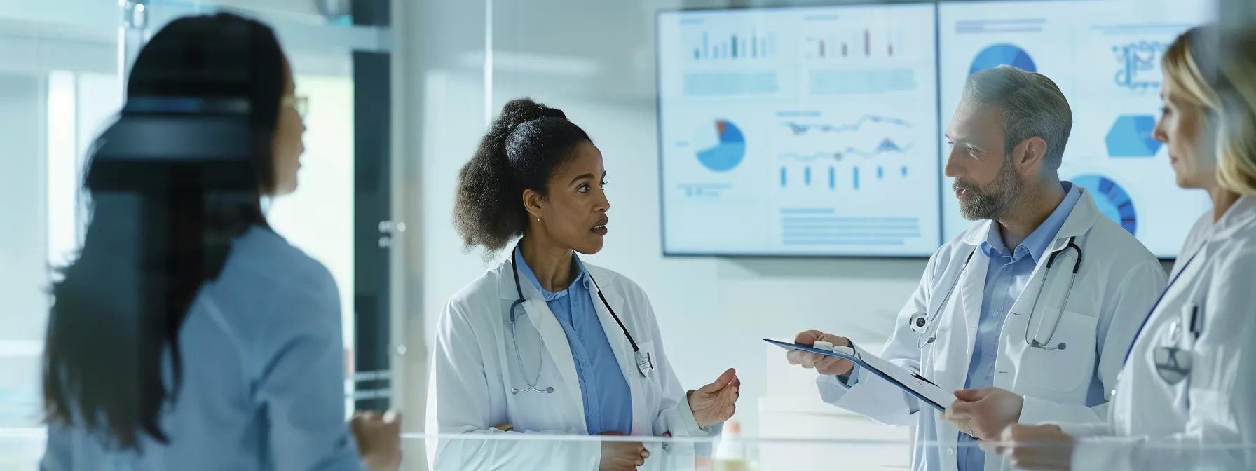 a modern, bright office setting features a diverse group of healthcare professionals engaged in a discussion, surrounded by charts and infographics illustrating outpatient services and preventive care under medicare part b.