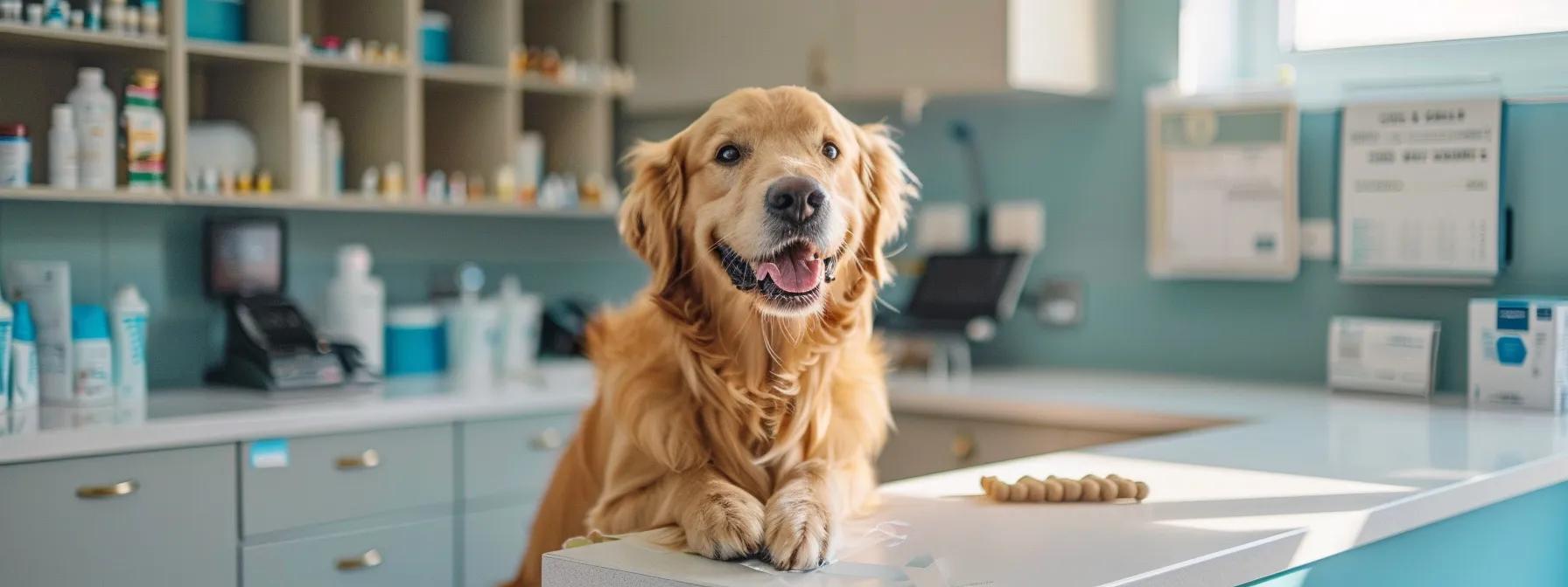 a modern, bright veterinary clinic setting showcases a cheerful golden retriever eagerly chewing on a dental chew, surrounded by dental care products and a chart illustrating optimal oral health practices. a modern, bright veterinary clinic setting showcases a cheerful golden retriever eagerly chewing on a dental chew, surrounded by dental care products and a chart illustrating optimal oral health practices.
