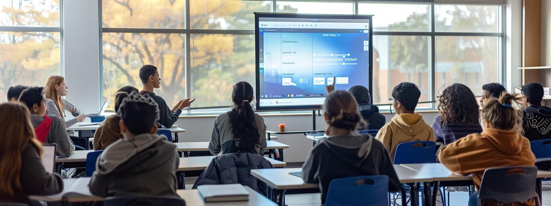 a modern, brightly-lit classroom bustling with engaged students attentively interacting with a sleek digital communication board displaying real-time updates and notifications, embodying the theme of continuous student engagement and community connection. a modern, brightly-lit classroom bustling with engaged students attentively interacting with a sleek digital communication board displaying real-time updates and notifications, embodying the theme of continuous student engagement and community connection.