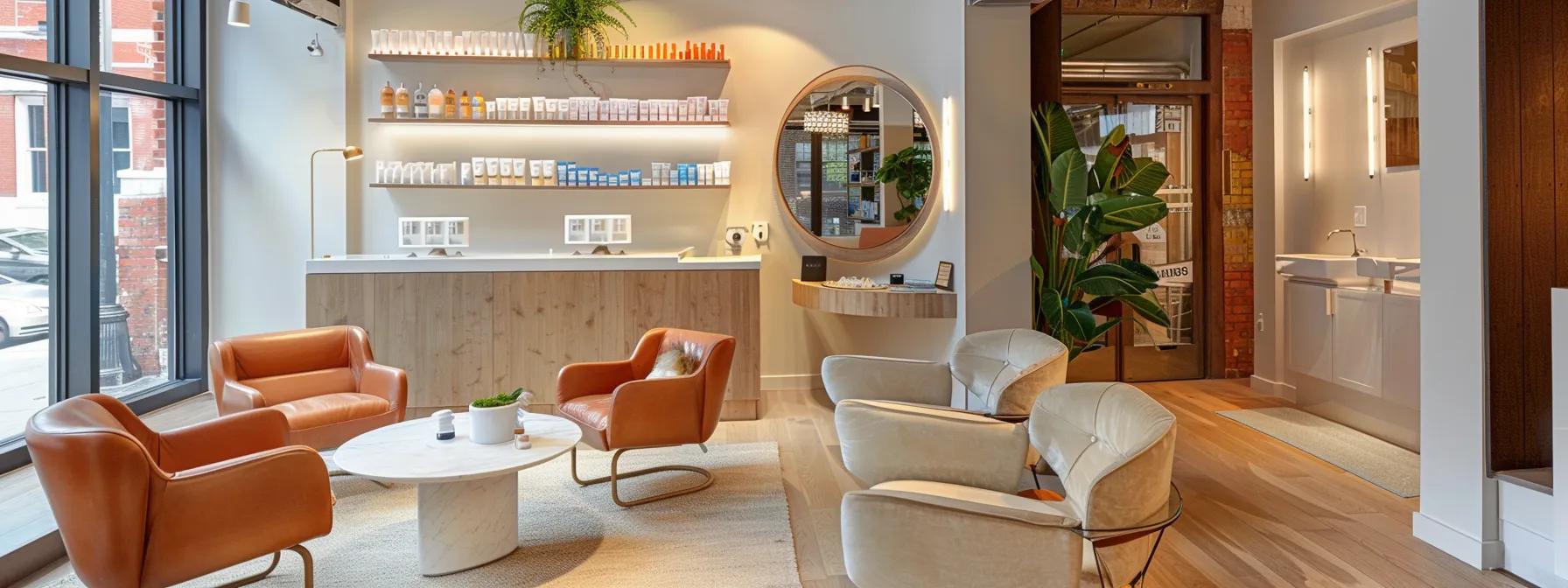 a modern brooklyn beauty salon interior showcases a skilled aesthetician elegantly threading a client's eyebrows, emphasizing precision and care, with chic decor and soft, flattering lighting that highlights the skillful technique.