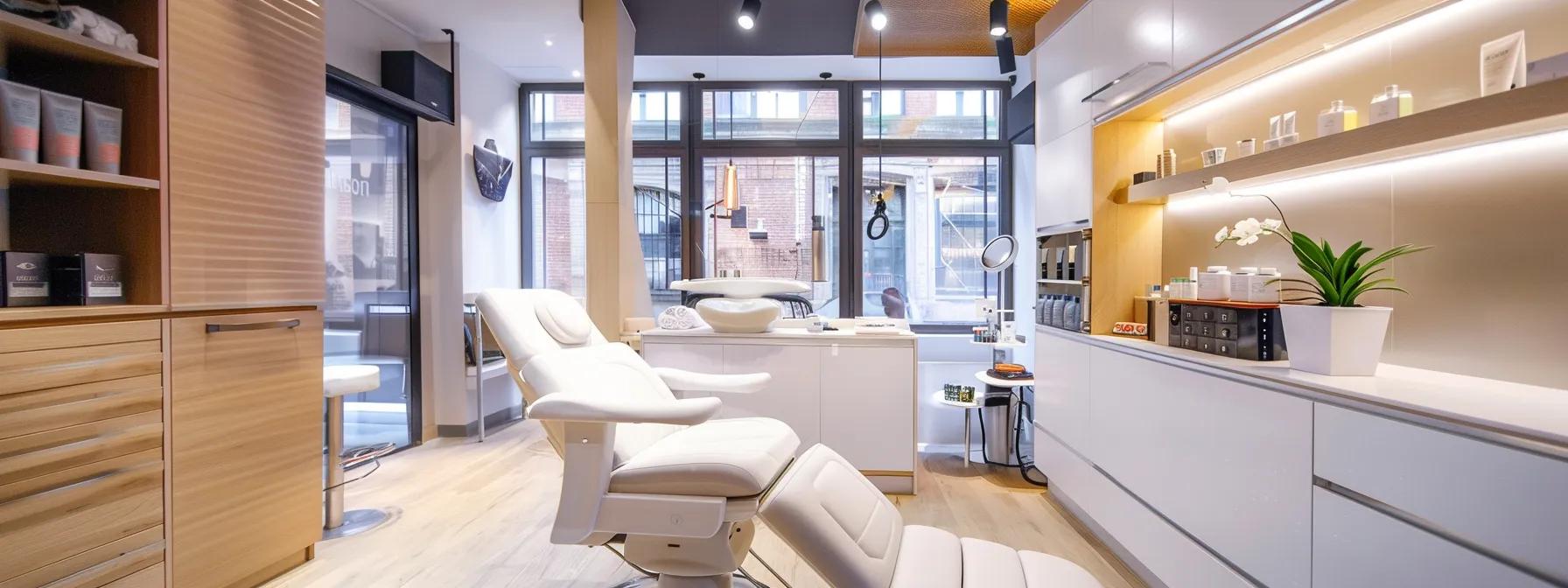 a modern brooklyn salon interior showcases a chic waxing station, featuring sleek equipment and plush furnishings, while a beautician prepares high-quality hypoallergenic waxes, creating an inviting atmosphere for clients seeking professional brazilian waxing services.