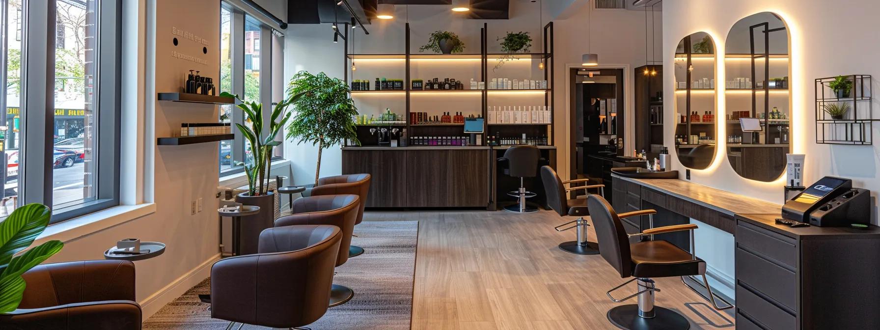 a modern brooklyn salon interior features a stylish eyebrow threading station, with sleek decor and a welcoming ambiance, highlighting the ease of booking appointments through digital and personal interactions.