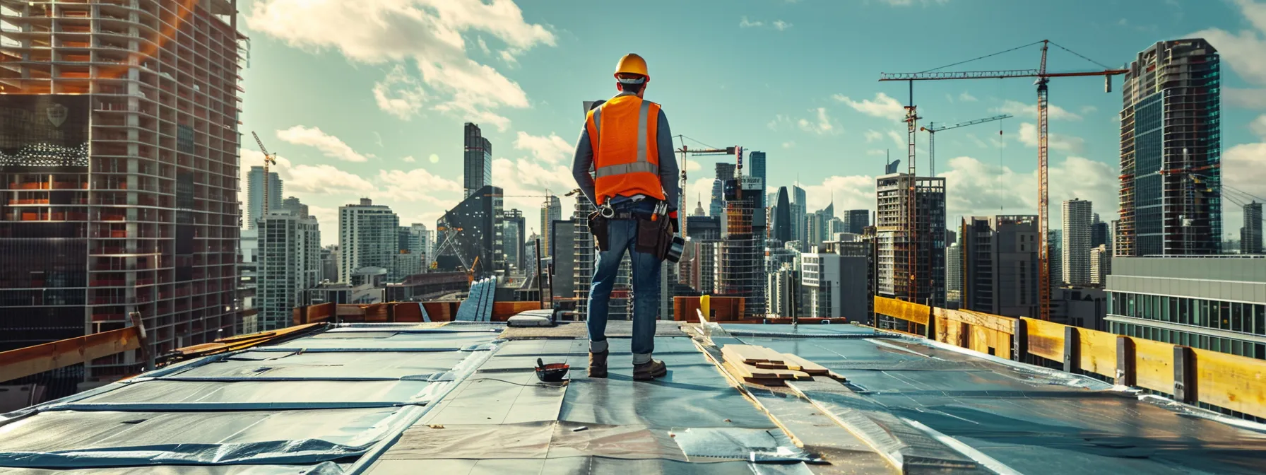 a modern, bustling urban construction site showcases a skilled roofing contractor inspecting a gleaming metal roof, with cranes and city skyscrapers in the background, emphasizing professionalism and quality in the roofing industry.