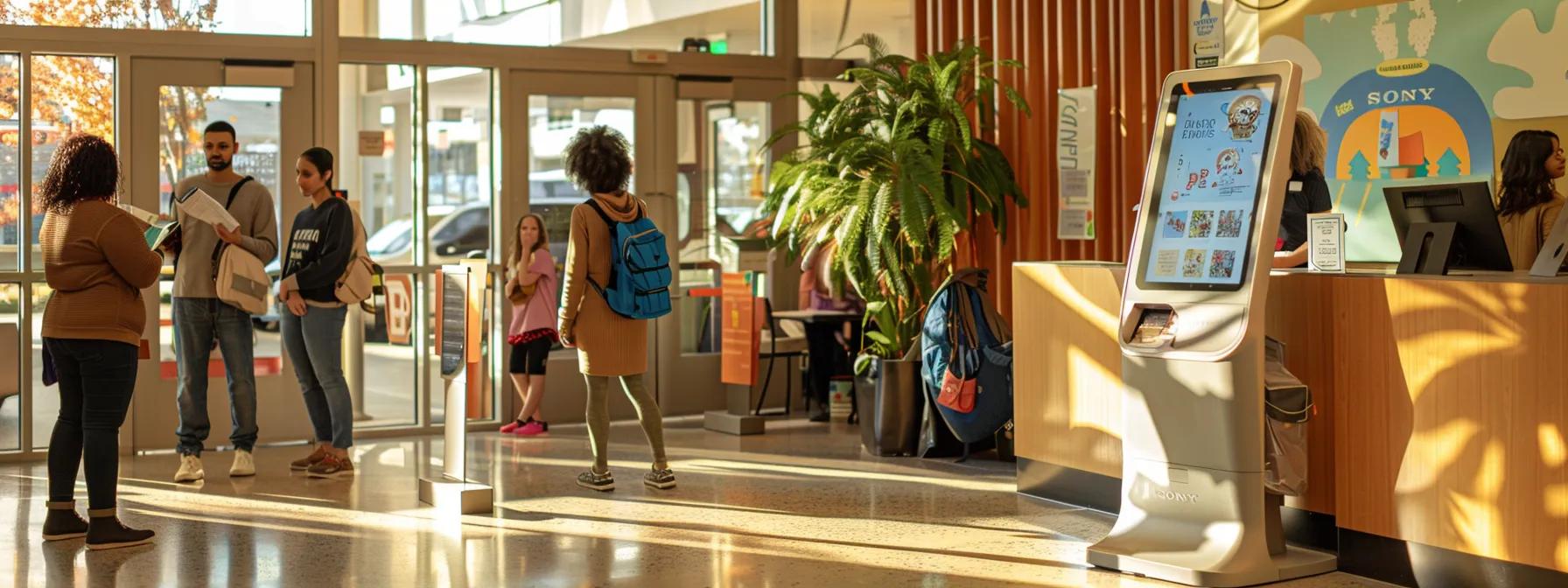 a modern childcare center reception area features a sleek digital enrollment kiosk displaying multimedia information, while engaged parents interact with friendly staff, highlighting the efficiency and transparency of digital registration processes. a modern childcare center reception area features a sleek digital enrollment kiosk displaying multimedia information, while engaged parents interact with friendly staff, highlighting the efficiency and transparency of digital registration processes.