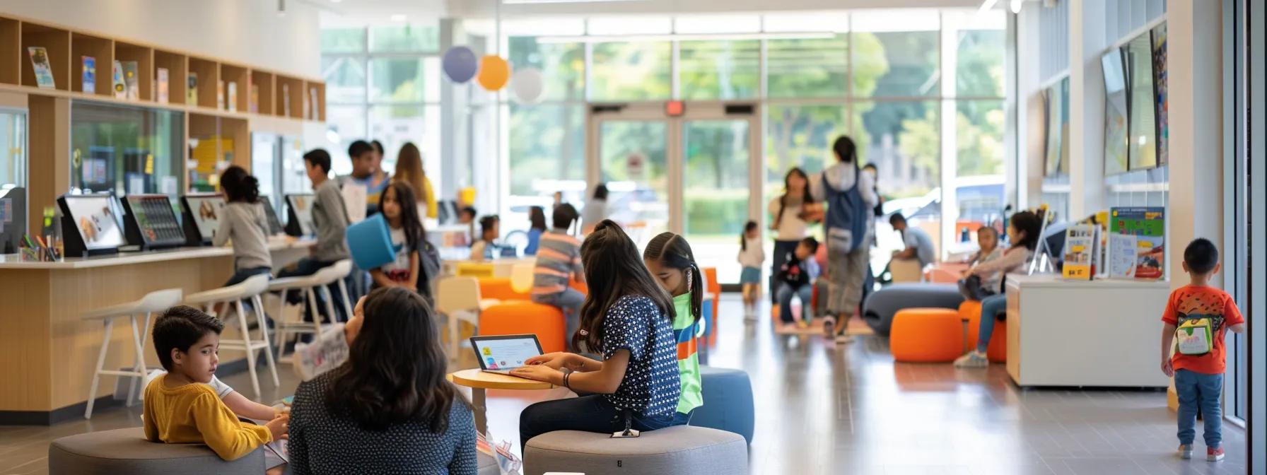a modern childcare enrollment center bustling with activity, featuring families engaging with sleek digital kiosks and mobile apps, alongside staff utilizing tablets to streamline the registration process in a bright, tech-savvy environment. a modern childcare enrollment center bustling with activity, featuring families engaging with sleek digital kiosks and mobile apps, alongside staff utilizing tablets to streamline the registration process in a bright, tech-savvy environment.
