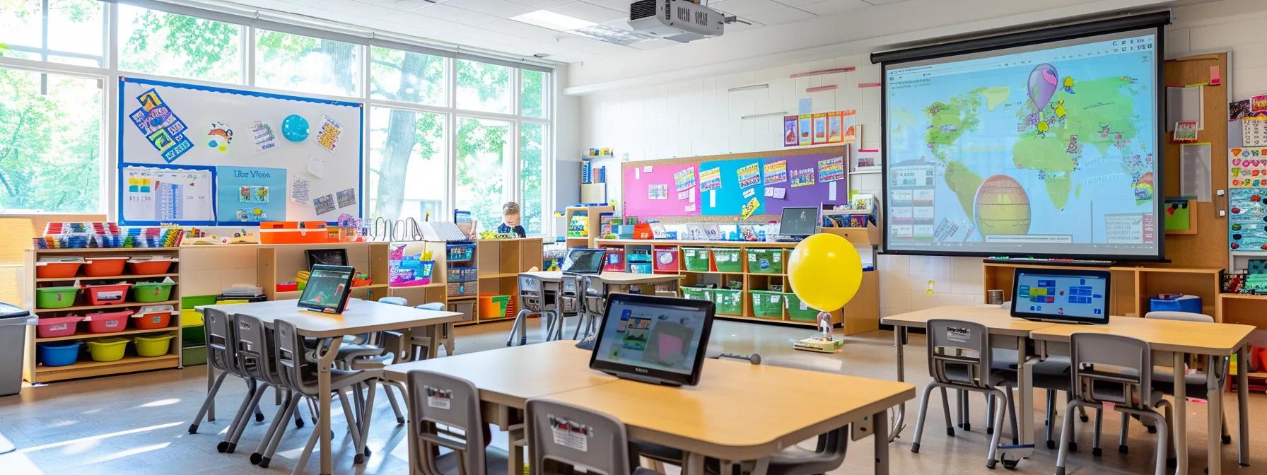 a modern classroom filled with colorful educational technology, where young children actively engage with interactive ai-driven tablets, showcasing a dynamic and innovative approach to early childhood education.