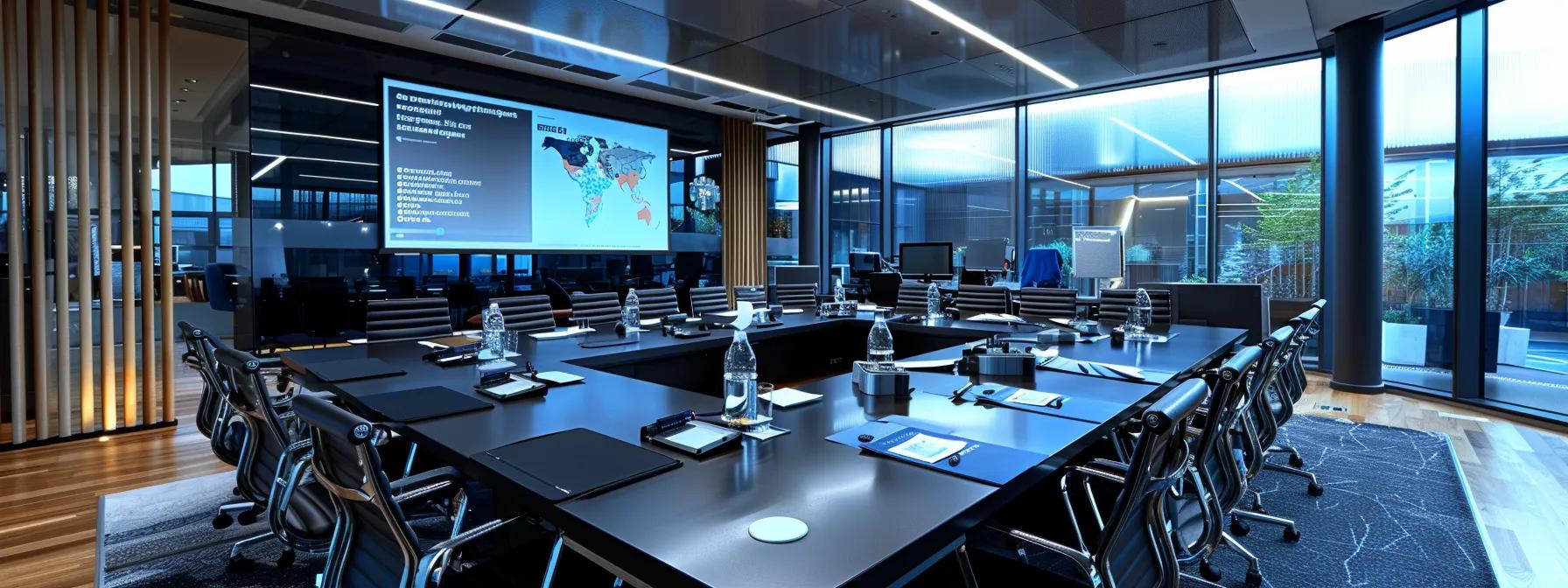 a modern commercial office space features a sleek conference table with a digital presentation on integrated pest management strategies, underscoring an innovative approach to effective rodent control in a professional environment.