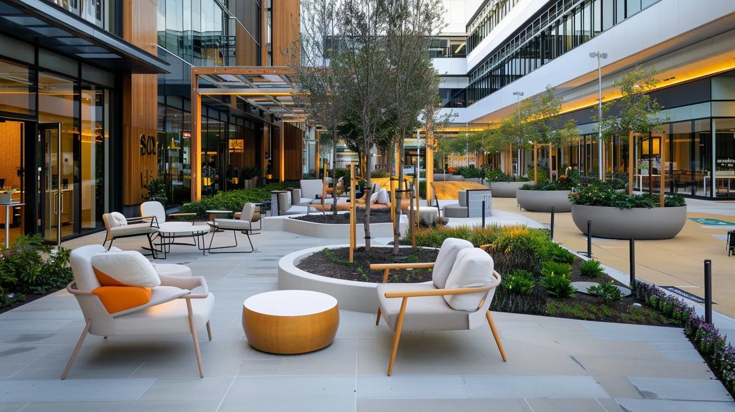 a modern commercial plaza featuring a well-designed outdoor seating area with stylish furniture, clearly marked pathways, and versatile zones that invite interaction and enhance the overall aesthetic appeal and functionality of the space. a modern commercial plaza featuring a well-designed outdoor seating area with stylish furniture, clearly marked pathways, and versatile zones that invite interaction and enhance the overall aesthetic appeal and functionality of the space.
