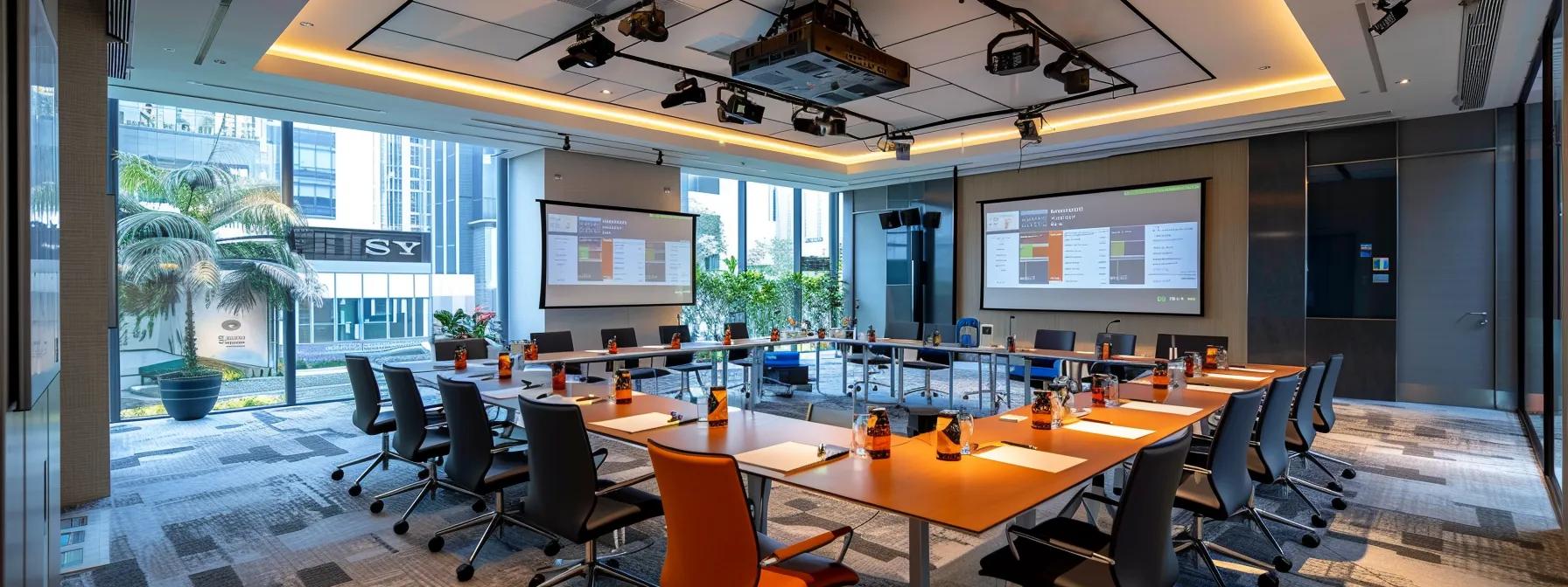 a modern conference room in singapore, elegantly designed for a corporate meeting, features a diverse group of professionals engaged in a dynamic team-building session, surrounded by visuals of innovative activity plans on high-tech screens. a modern conference room in singapore, elegantly designed for a corporate meeting, features a diverse group of professionals engaged in a dynamic team-building session, surrounded by visuals of innovative activity plans on high-tech screens.