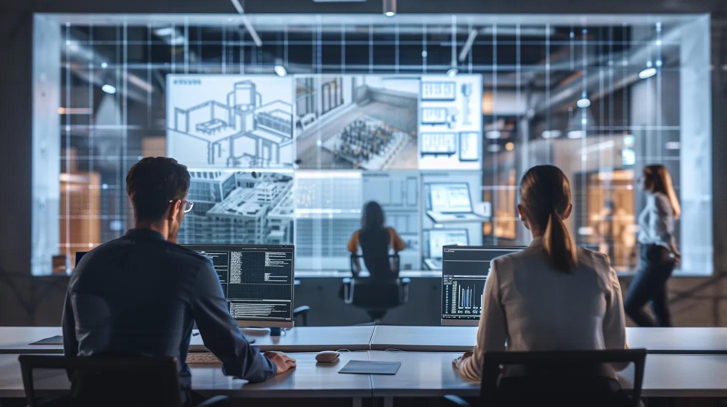 a modern construction office filled with sleek technology, showcasing contractors engaged in virtual design meetings and analyzing 3d models on large digital displays, with a backdrop of blueprints and advanced tools highlighting their embrace of innovative construction methods.