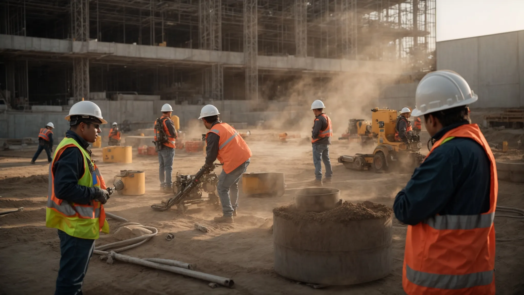 a modern construction site buzzes with activity, showcasing a diverse team of professionals engaged in vibrant discussions around advanced technology and detailed blueprints under soft, natural lighting. a modern construction site buzzes with activity, showcasing a diverse team of professionals engaged in vibrant discussions around advanced technology and detailed blueprints under soft, natural lighting.