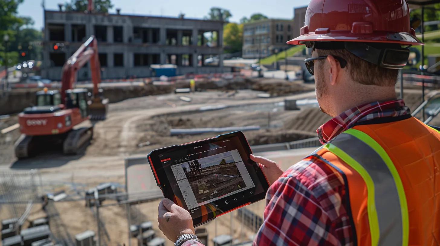 a modern construction site in knoxville showcases contractors using advanced technology on tablets and drones, with sleek machinery and digital blueprints in the foreground, illustrating enhanced efficiency and collaboration on a bustling project. a modern construction site in knoxville showcases contractors using advanced technology on tablets and drones, with sleek machinery and digital blueprints in the foreground, illustrating enhanced efficiency and collaboration on a bustling project.