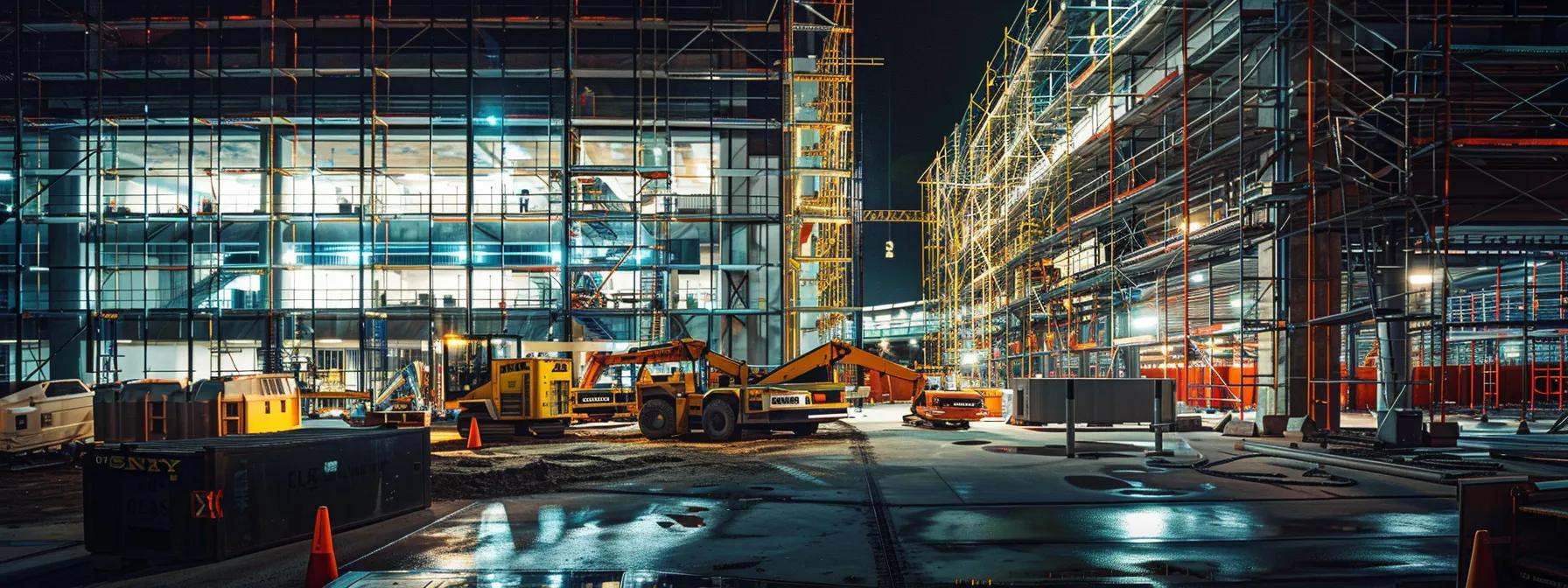 a modern construction site showcases the assembly of sleek, modular building components being fitted together with precision, surrounded by industrial machinery and scaffolding under bright, artificial lighting, emphasizing the efficiency and innovation of prefabricated construction methods.