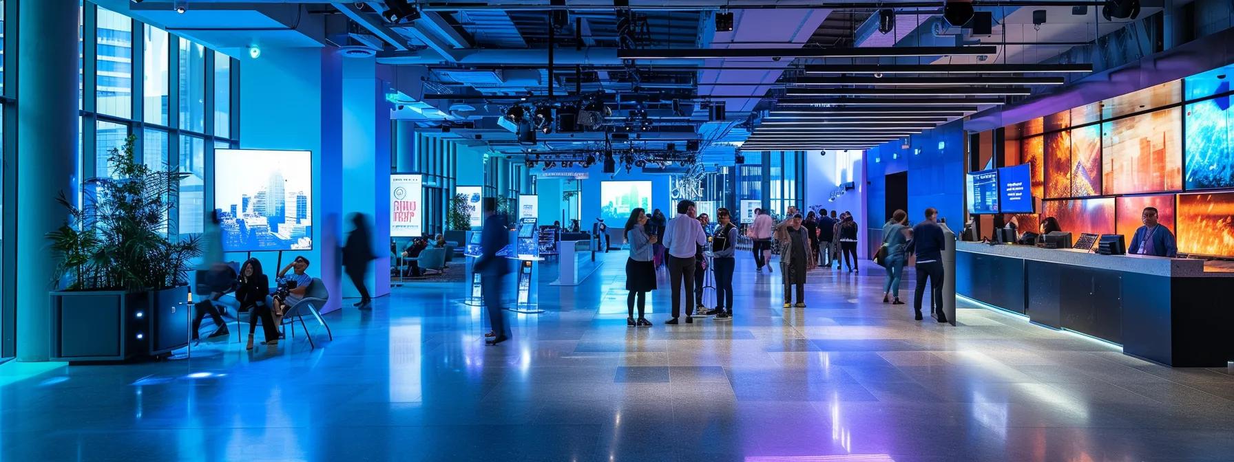 a modern corporate event space bustling with participants engaging in interactive, high-tech team-building activities, highlighted by sleek digital displays, eco-friendly decor, and an atmosphere that fosters collaboration and employee well-being.