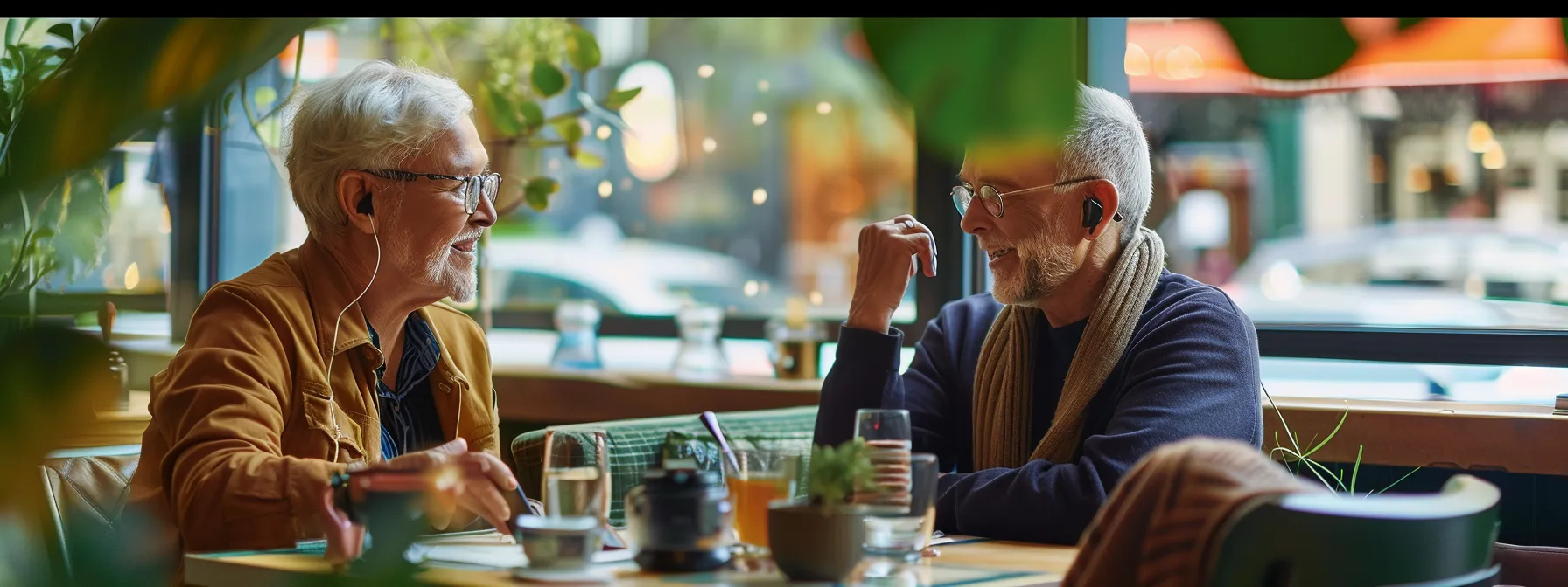 a modern couple in their 50s engages in a lively conversation at a stylish urban café, both wearing sleek phonak hearing aids, surrounded by vibrant décor that reflects a blend of technology and contemporary design.