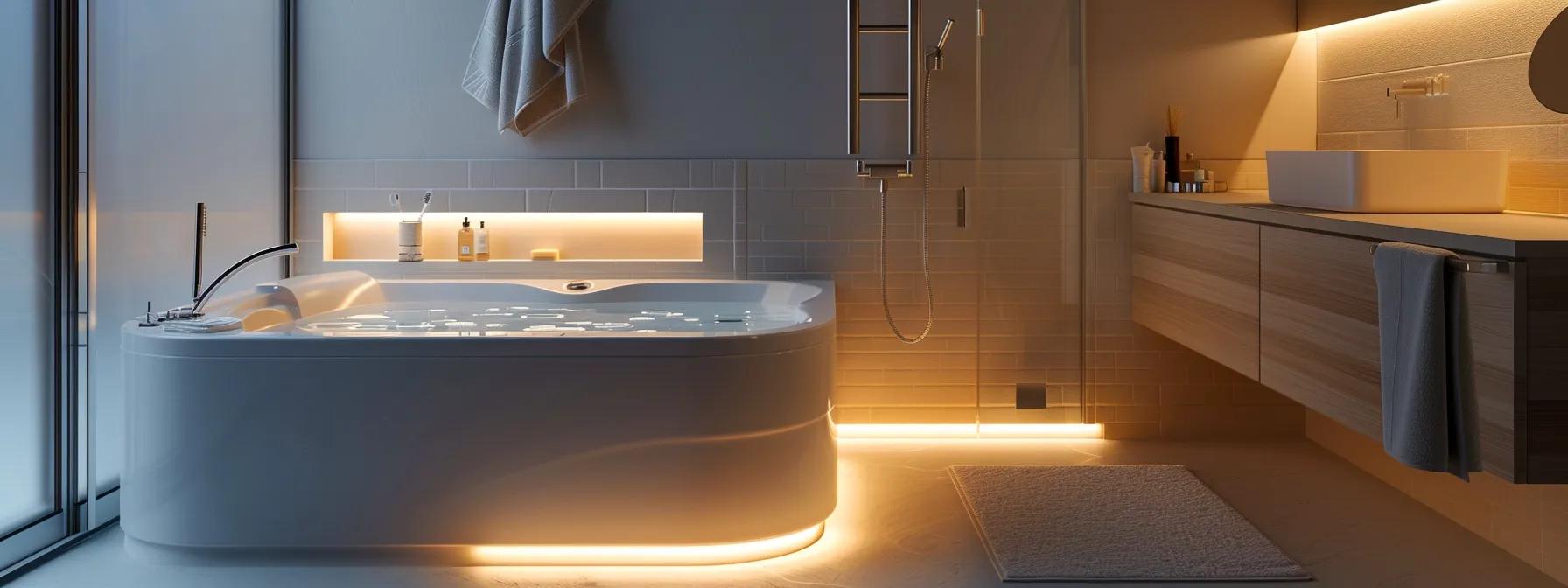 a modern, elegantly designed bathroom features a sleek walk-in tub with soft, ambient lighting, showcasing its spacious comforts and safety features tailored for seniors, emphasizing the theme of health and well-being.
