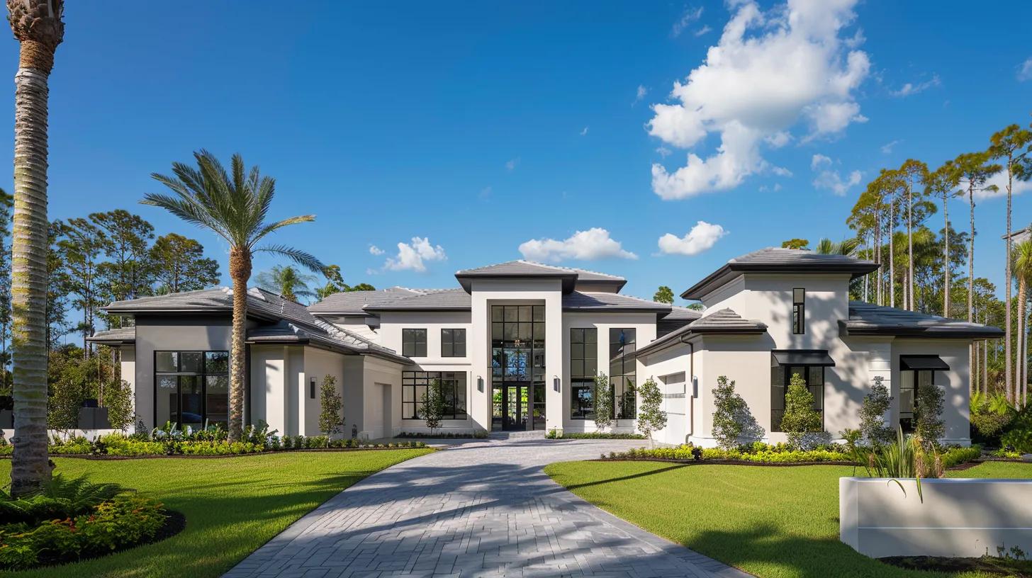 a modern, elegantly designed custom home stands proudly against a clear blue sky, showcasing its clean lines and inviting façade, symbolizing the essence of tailored luxury in residential architecture. a modern, elegantly designed custom home stands proudly against a clear blue sky, showcasing its clean lines and inviting façade, symbolizing the essence of tailored luxury in residential architecture.