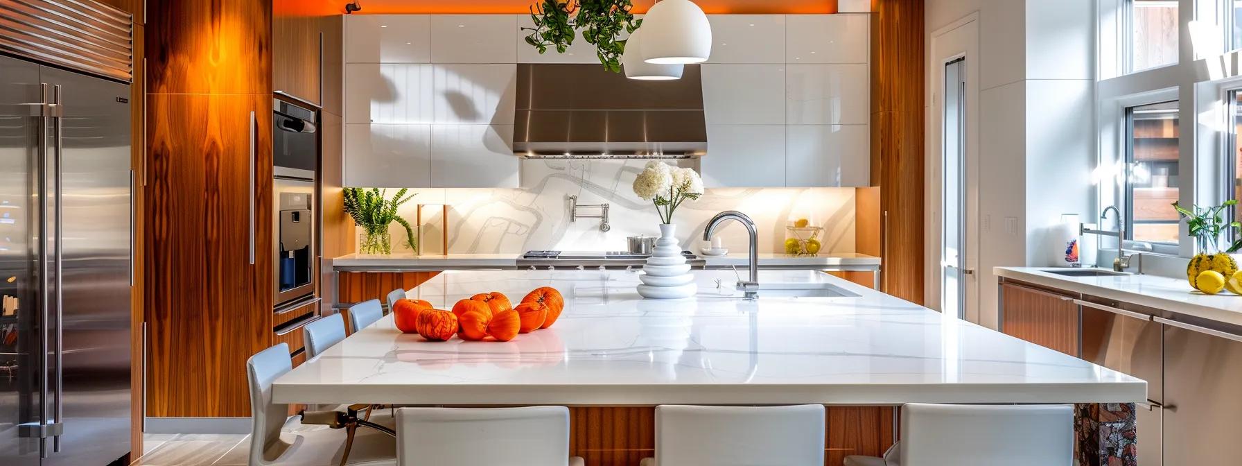 a modern, elegantly designed kitchen under bright, artificial lighting showcases high-quality materials and sophisticated finishes, illustrating the transformative potential of strategic home renovations in an urban setting. a modern, elegantly designed kitchen under bright, artificial lighting showcases high-quality materials and sophisticated finishes, illustrating the transformative potential of strategic home renovations in an urban setting.