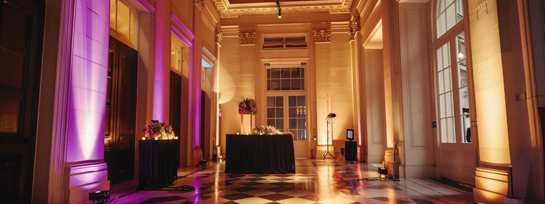 une salle de réception moderne, élégamment aménagée avec des espaces techniques sophistiqués, mettant en avant une disposition fluide et accessible, illuminée par un éclairage chaleureux, prête à accueillir un événement raffiné et inclusif.