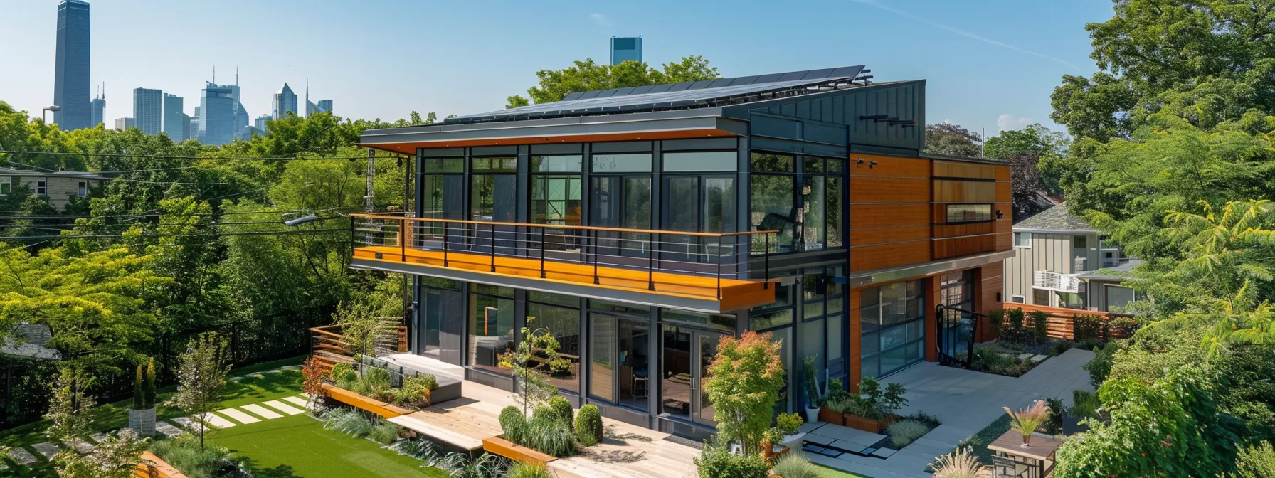 a modern, energy-efficient home with sleek solar panels on a sunlit rooftop, surrounded by smart, sustainable design elements.