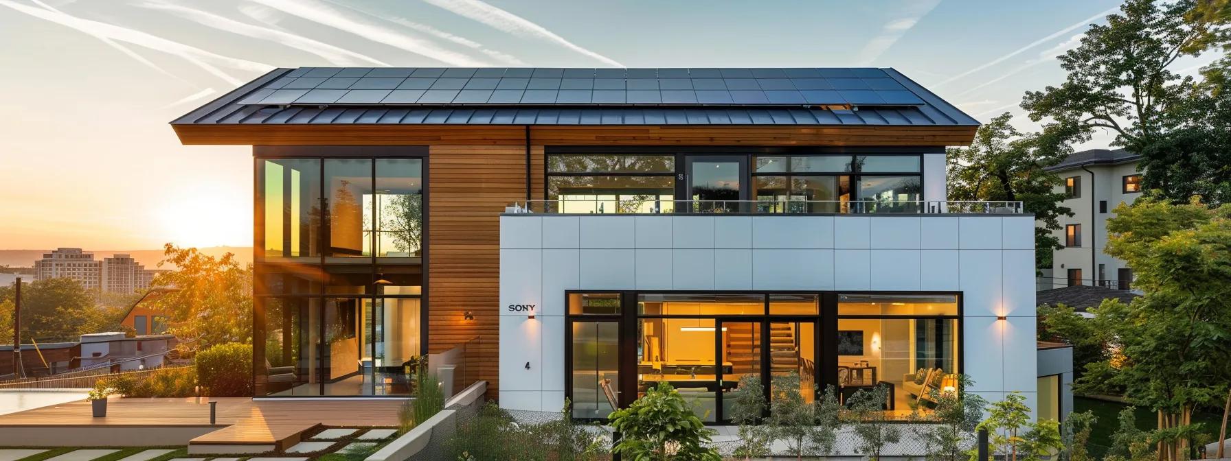 a modern, energy-efficient home with sleek solar panels on the roof, expansive windows designed for optimal daylighting, and integrated smart home technology, all set against a contemporary urban backdrop showcasing sustainable living in action. a modern, energy-efficient home with sleek solar panels on the roof, expansive windows designed for optimal daylighting, and integrated smart home technology, all set against a contemporary urban backdrop showcasing sustainable living in action.