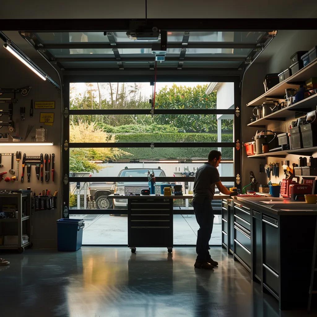 a modern garage interior showcases a technician confidently inspecting a high-quality garage door with tools neatly arranged on a workbench, highlighting the professionalism and expertise involved in local garage door repair services.