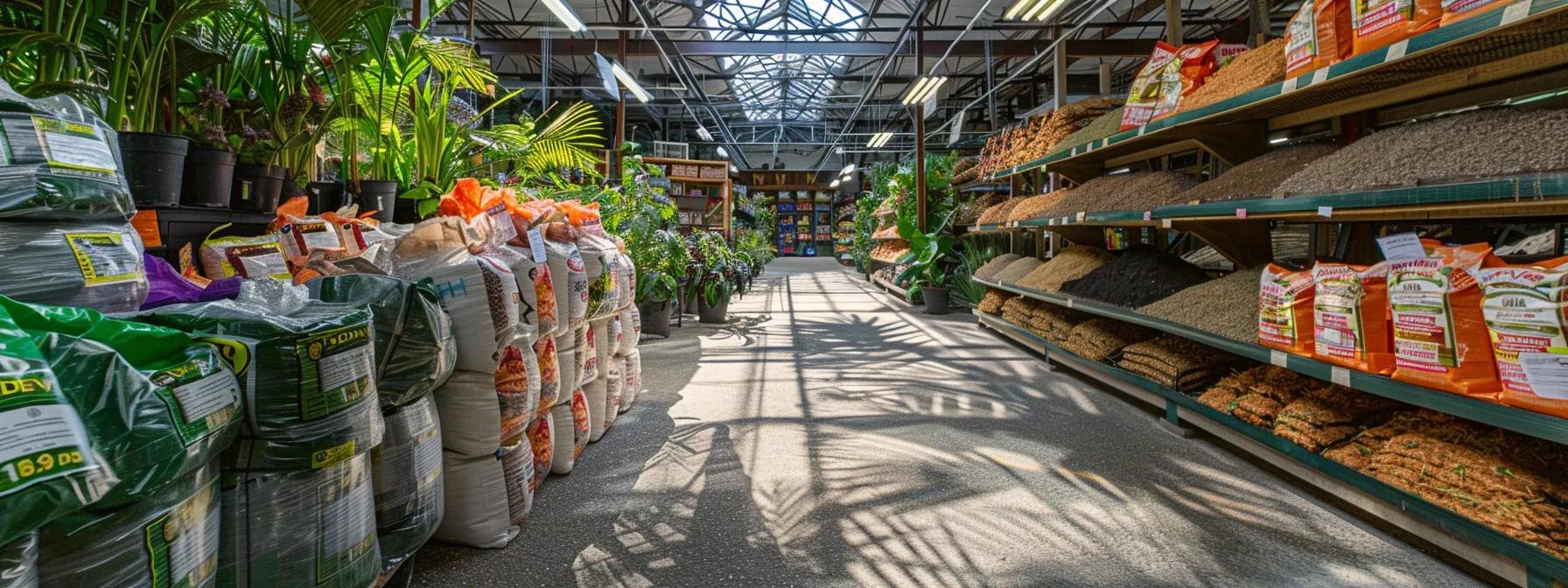 a modern garden center filled with neatly arranged bags of organic fertilizers and colorful mulch, showcasing the benefits of sustainable gardening with clear signage emphasizing soil health and moisture conservation.