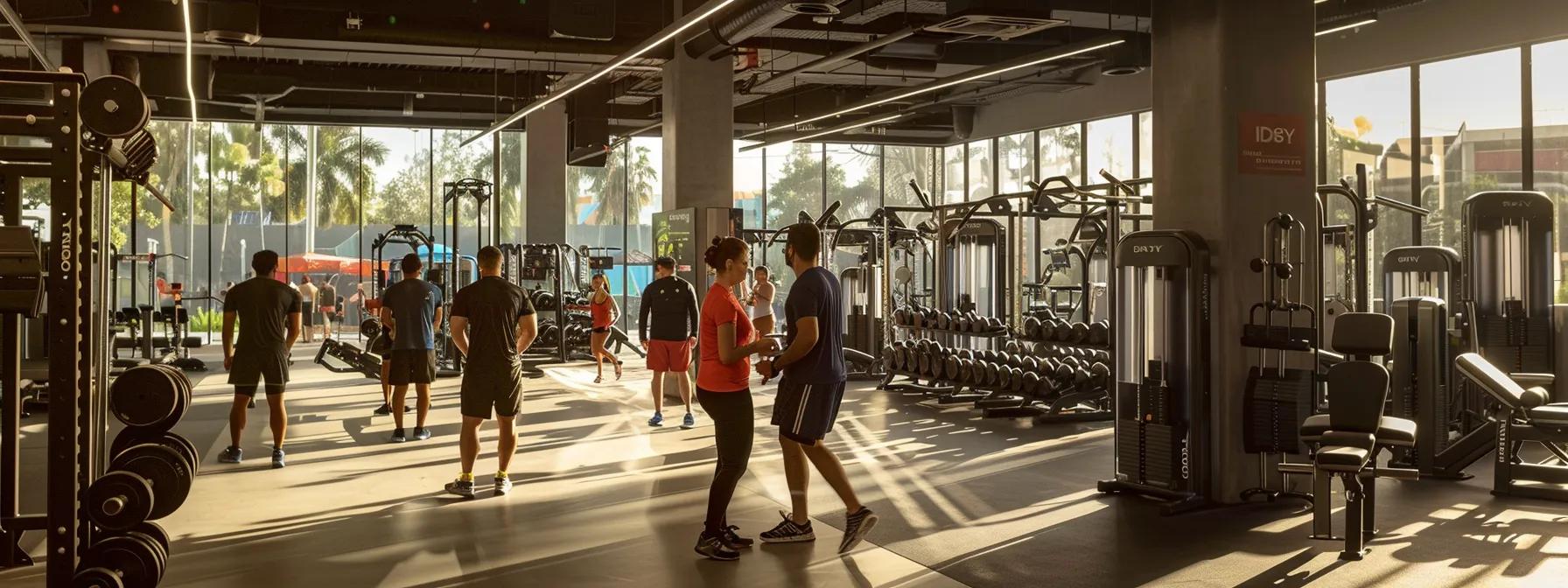 a modern gym bustling with activity, featuring a diverse group of enthusiastic staff members engaging with motivated gym-goers in a dynamic, well-organized environment. a modern gym bustling with activity, featuring a diverse group of enthusiastic staff members engaging with motivated gym-goers in a dynamic, well-organized environment.