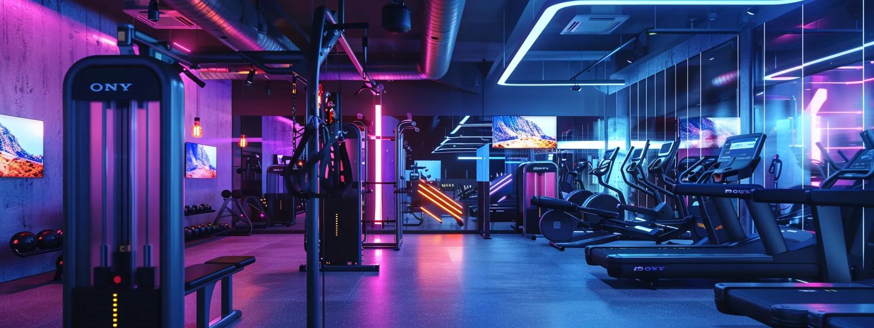 a modern gym environment showcases a determined athlete confidently engaging with fitness technology, surrounded by sleek equipment and vibrant led displays, emphasizing the transformative impact of mk-677 on body composition and fat reduction.