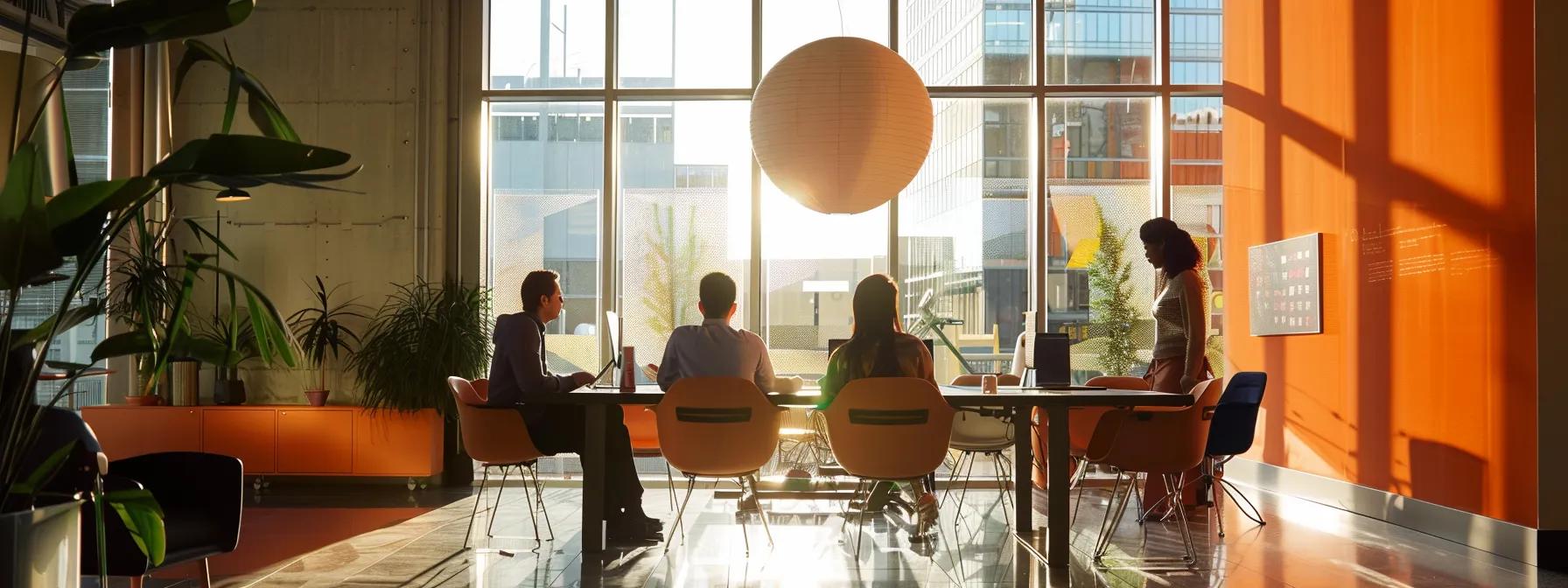 a modern gym office setting showcases a dynamic onboarding session, featuring diverse staff engaged in interactive training activities around a sleek conference table, highlighting effective retention strategies through collaboration and positivity.