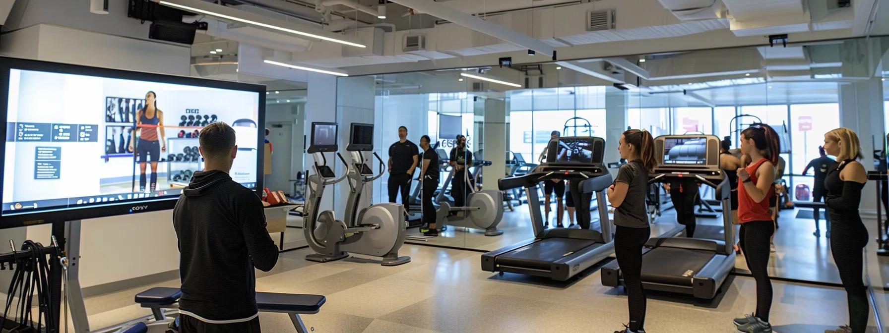 a modern gym training room, featuring a diverse group of well-qualified fitness instructors engaging in a dynamic certification workshop, surrounded by professional training equipment and informative displays.