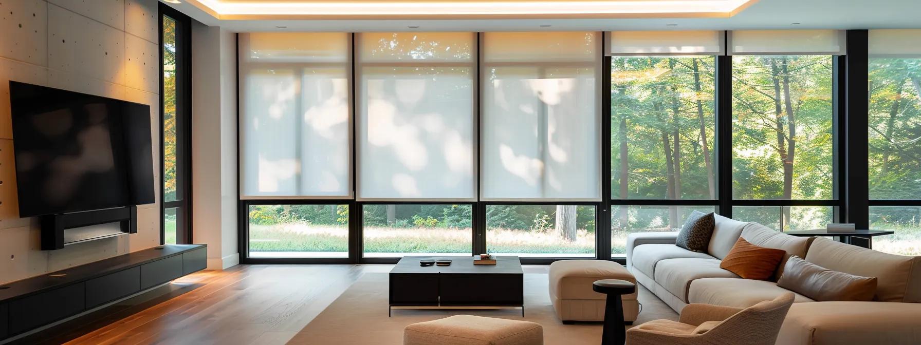 a modern home interior showcases sleek, energy-efficient window treatments installed on large, stylish windows, emphasizing their customization options and compatibility with smart home systems under soft, ambient lighting.