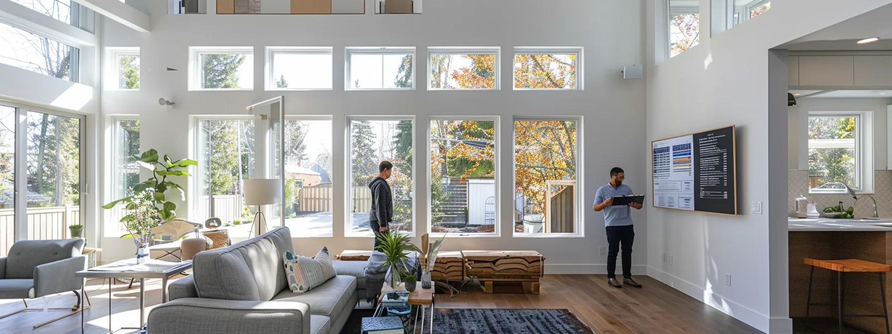 a modern home interior showcasing a professional energy audit in progress, with an energy auditor analyzing data on a digital tablet while assessing the insulation and windows of a beautifully designed living room. How Can Fuquay‑Varina Homeowners Choose the Best Energy Efficiency Upgrade?