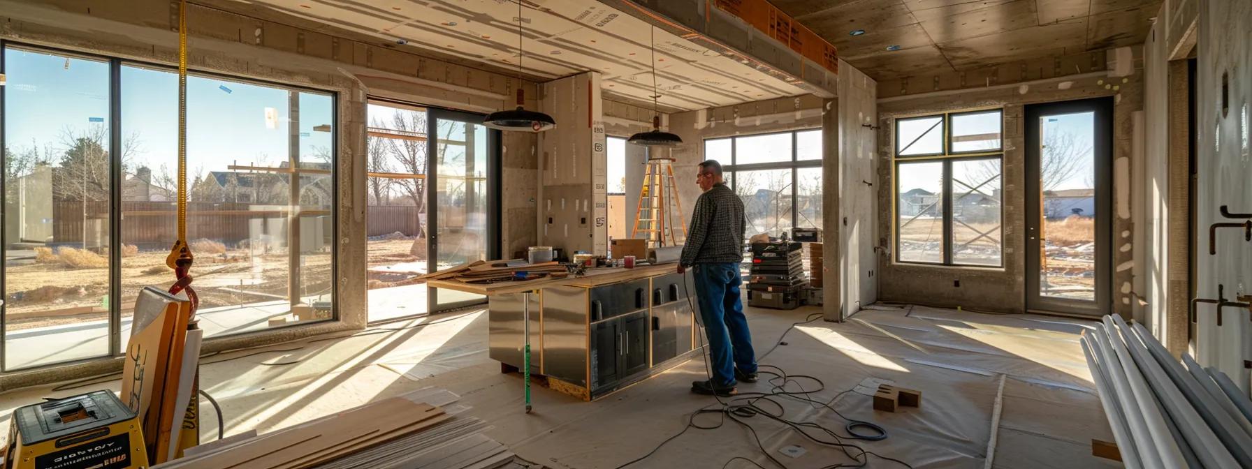 a modern home interior under construction in nebraska, showcasing a skilled builder discussing detailed blueprints and vibrant design samples, emphasizing the thoughtful integration of a sleek, spacious addition with the existing architectural style. a modern home interior under construction in nebraska, showcasing a skilled builder discussing detailed blueprints and vibrant design samples, emphasizing the thoughtful integration of a sleek, spacious addition with the existing architectural style.