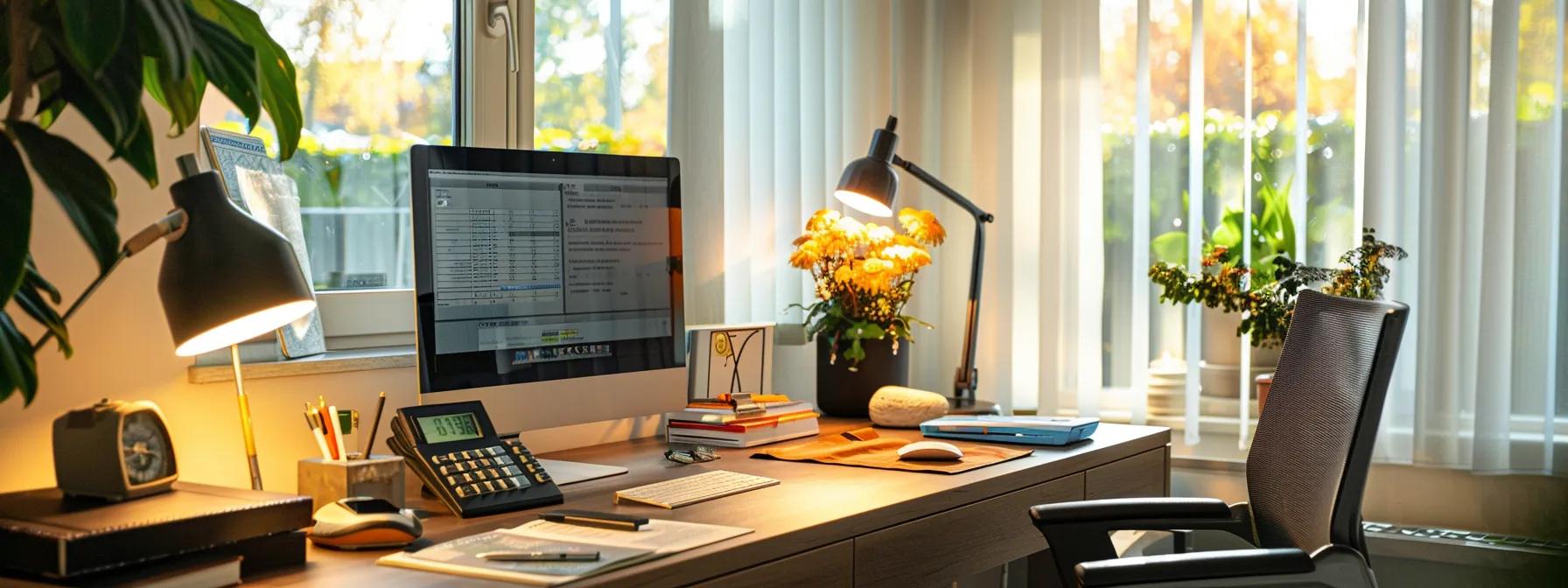 a modern home office displays a neatly arranged desk with energy-efficient solution brochures, a calculator, and a computer screen showcasing financing options, all illuminated by bright overhead lighting. What Are the Costs and Financing Options for Energy-Efficient Upgrades in Fuquay‑Varina?