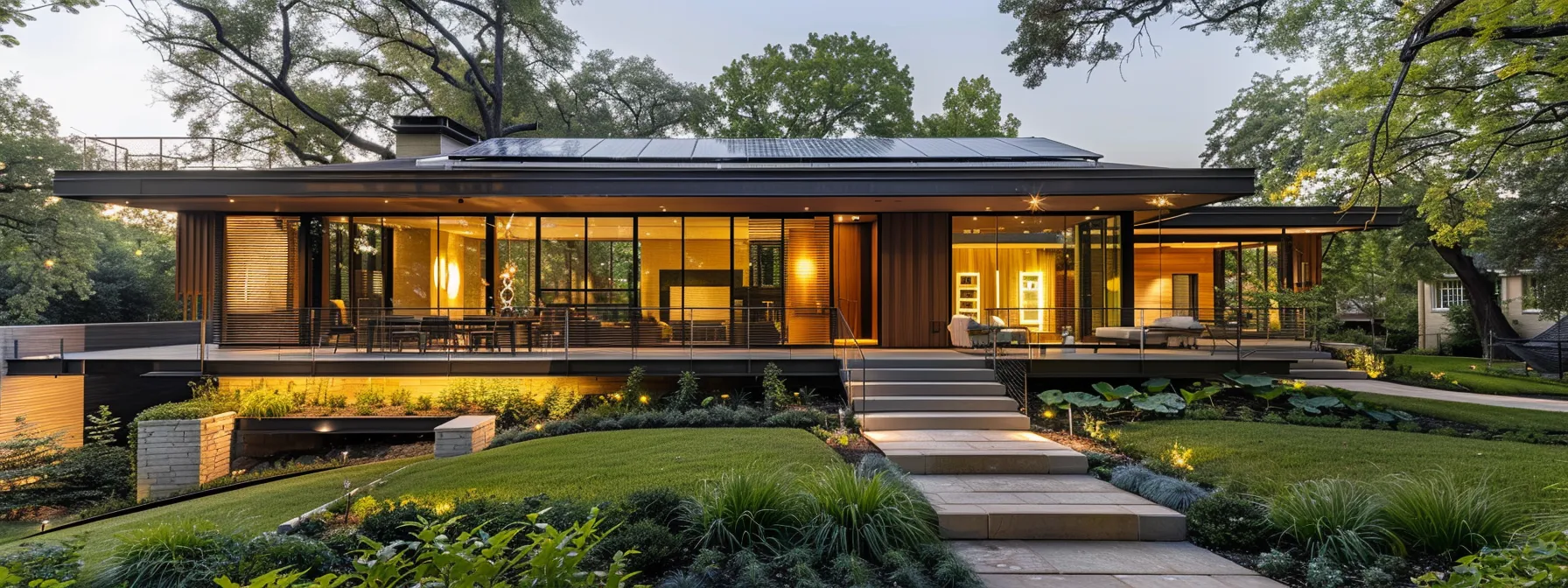 a modern home with sleek solar panels absorbing sunlight, surrounded by lush green landscaping, showcasing sustainability and energy independence.