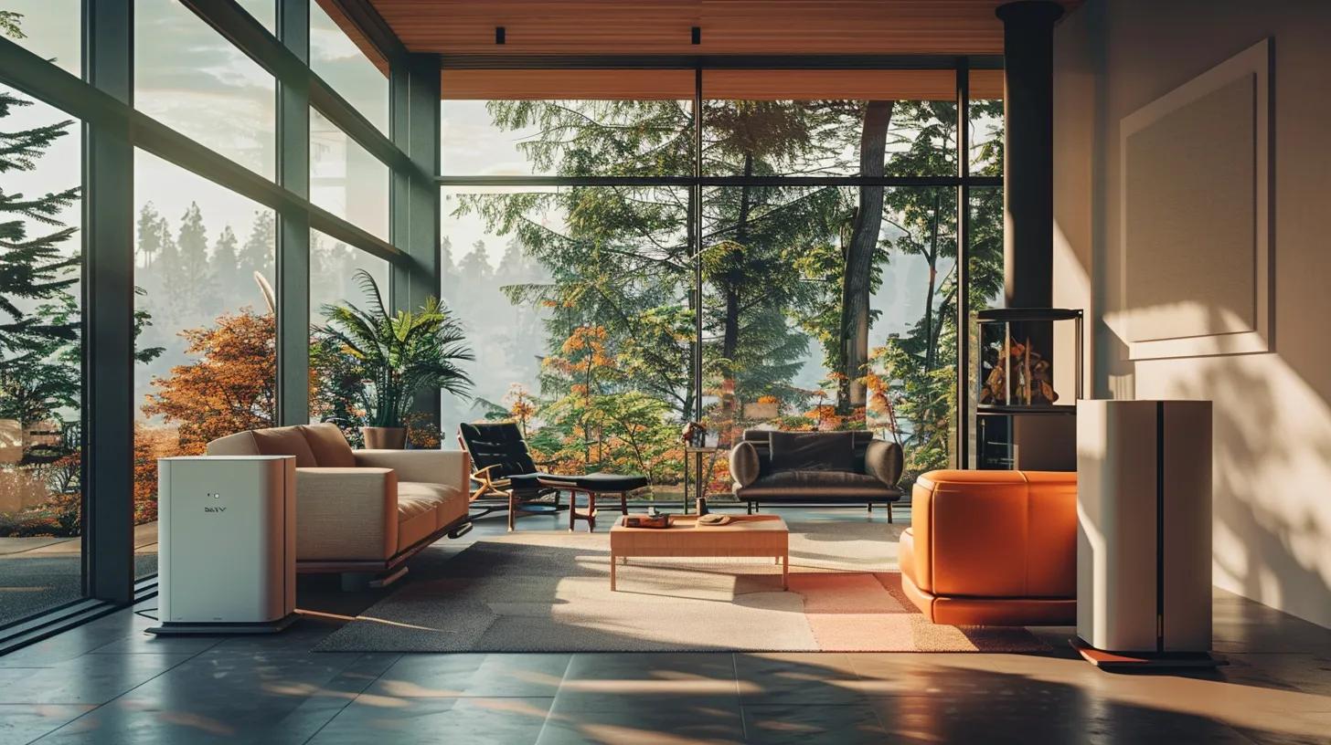 a modern indoor living space in woodstock with sleek air purification devices prominently displayed, highlighting the importance of maintaining clean, efficient air quality year-round amidst stylish furniture and vibrant decor. a modern indoor living space in woodstock with sleek air purification devices prominently displayed, highlighting the importance of maintaining clean, efficient air quality year-round amidst stylish furniture and vibrant decor.