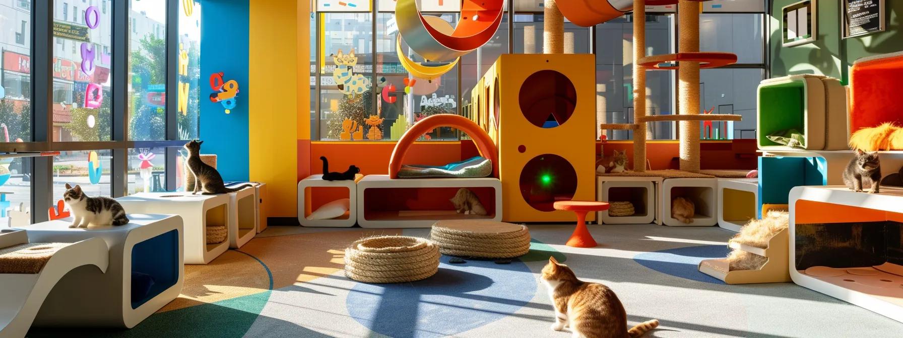 a modern indoor play area for cats is vividly depicted, showcasing an engaging setup with both colorful laser and interactive toys, while safety guidelines are prominently displayed, emphasizing the critical considerations in pet toy selection. a modern indoor play area for cats is vividly depicted, showcasing an engaging setup with both colorful laser and interactive toys, while safety guidelines are prominently displayed, emphasizing the critical considerations in pet toy selection.