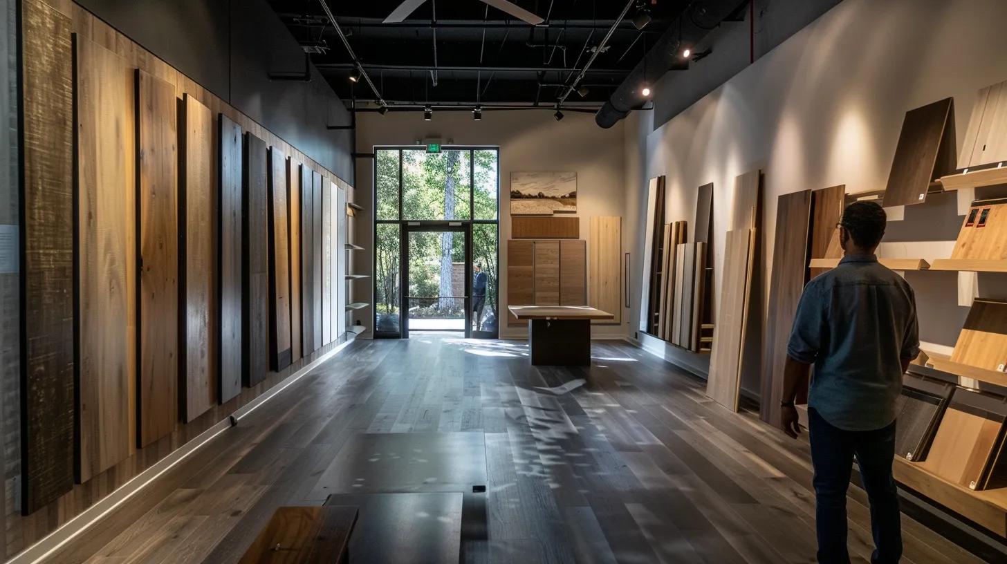 a modern interior design showroom in chamblee featuring various durable flooring options displayed under bright, focused lighting, highlighting the textures and colors while a thoughtful homeowner examines the materials with curiosity. a modern interior design showroom in chamblee featuring various durable flooring options displayed under bright, focused lighting, highlighting the textures and colors while a thoughtful homeowner examines the materials with curiosity.