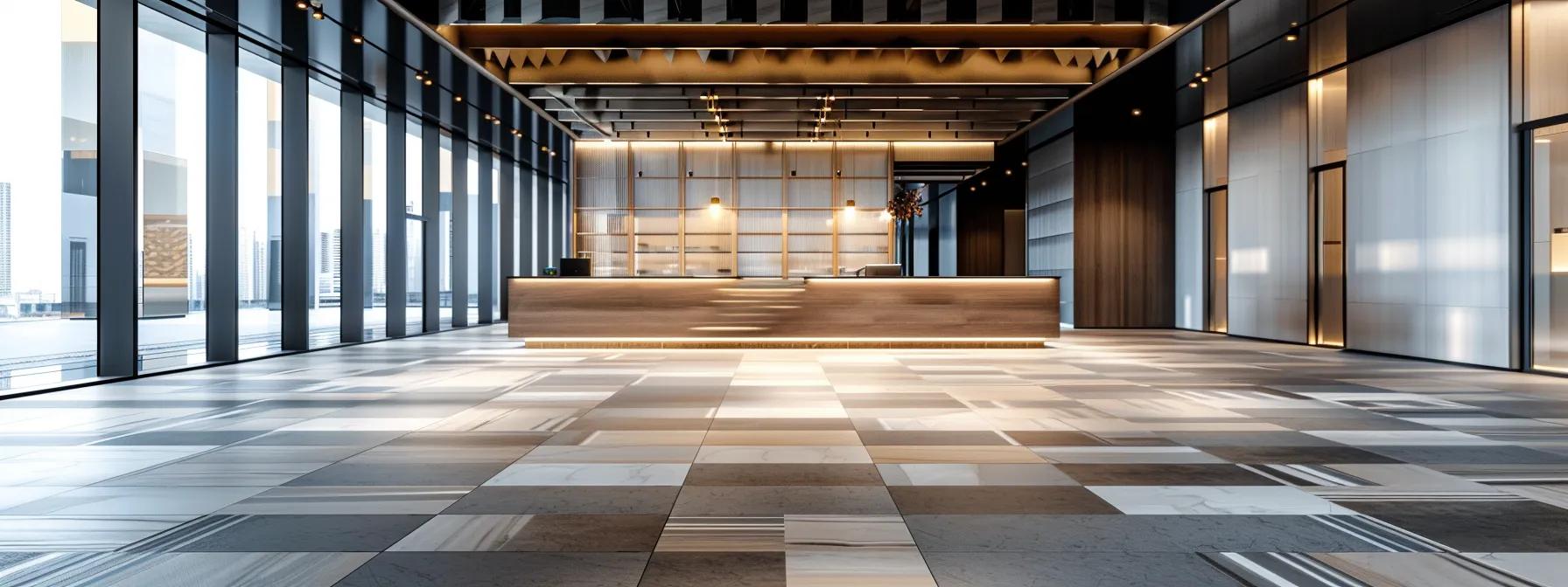 a modern interior showcasing sleek, large-format flooring with bold geometric patterns and a blend of textures, illuminated by pristine overhead lighting in a stylishly designed urban space, emphasizing the latest trends in sustainable and visually striking flooring for 2025.