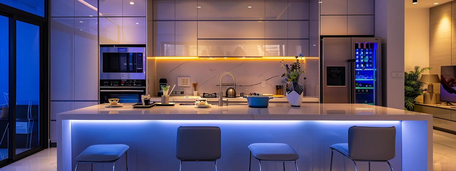 a modern kitchen adorned with sleek, state-of-the-art smart appliances, showcasing innovative technology in a polished urban setting, bathed in soft, artificial lighting that highlights their elegant design. a modern kitchen adorned with sleek, state-of-the-art smart appliances, showcasing innovative technology in a polished urban setting, bathed in soft, artificial lighting that highlights their elegant design.