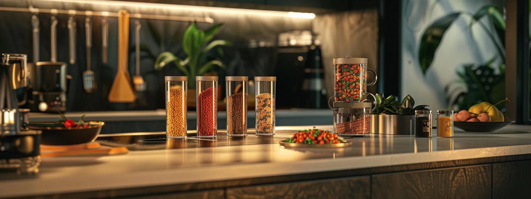 a modern kitchen countertop displays an array of colorful, high-quality cat treats featuring clear labels highlighting natural ingredients, surrounded by sleek pet accessory items, illuminated by warm, artificial lighting for a cozy atmosphere. a modern kitchen countertop displays an array of colorful, high-quality cat treats featuring clear labels highlighting natural ingredients, surrounded by sleek pet accessory items, illuminated by warm, artificial lighting for a cozy atmosphere.