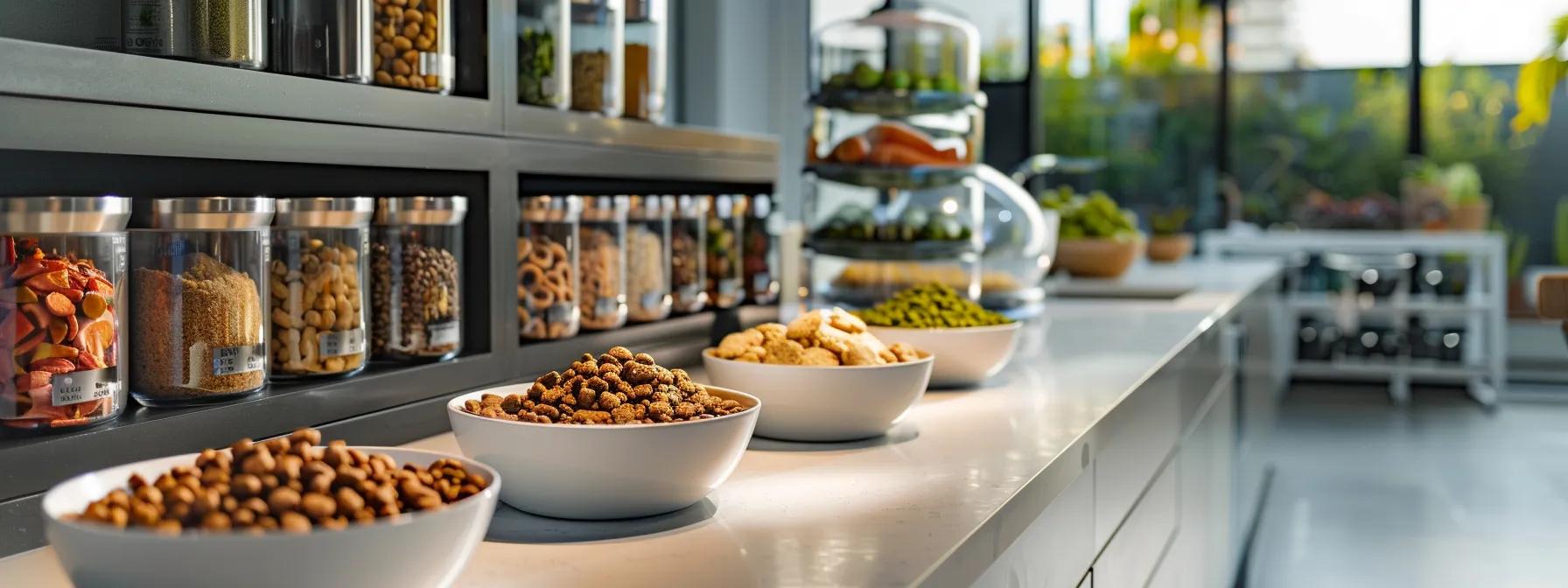 a modern kitchen setting features a prominently displayed bowl of dry dog food, showcasing its crunchy texture, alongside an array of colorful, organized ingredient packages that highlight nutritional benefits and diverse formulations.